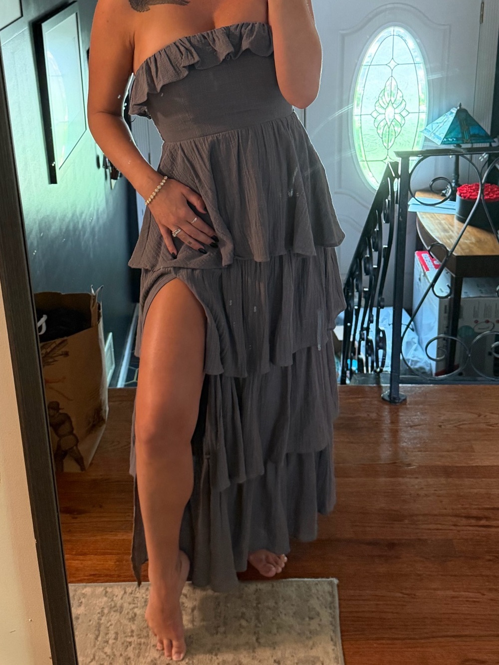 Vici Tiered Strapless Ruffle Maxi Dress in Gray size SMALL